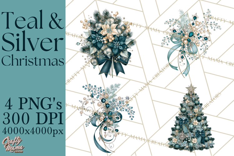 Elegant Christmas Clipart PNG, Winter Teal Silver Christmas