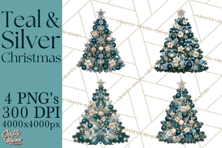 Elegant Christmas Clipart PNG, Winter Teal Silver Christmas example image 1