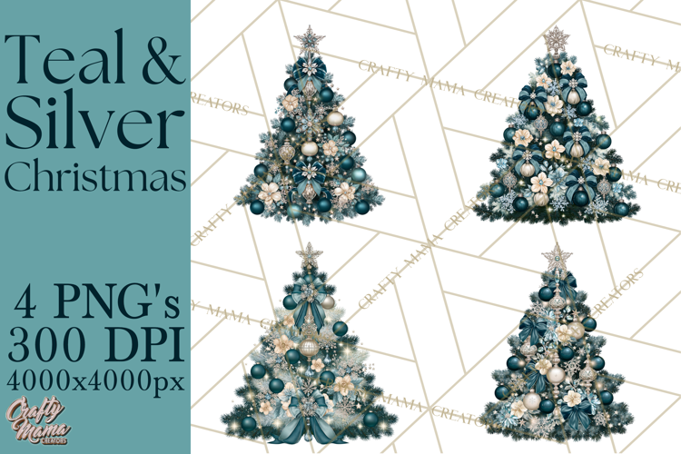 Elegant Christmas Clipart PNG, Winter Teal Silver Christmas