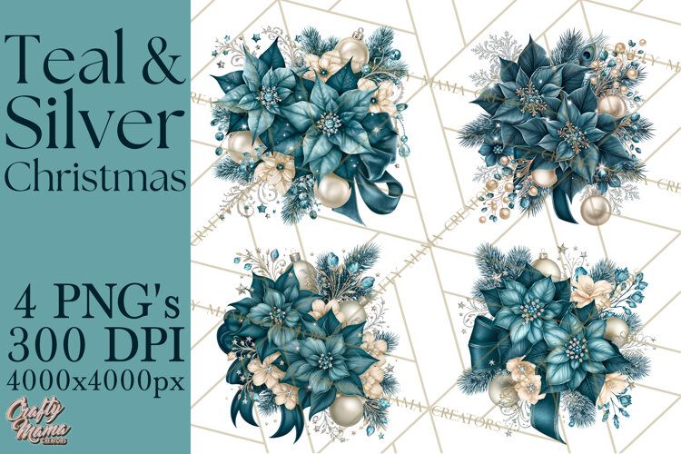 Elegant Christmas Clipart PNG, Winter Teal Silver Christmas example image 1