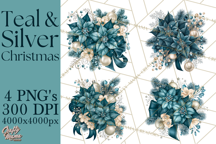Elegant Christmas Clipart PNG, Winter Teal Silver Christmas