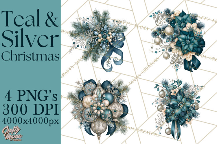 Elegant Christmas Clipart PNG, Winter Teal Silver Christmas example image 1