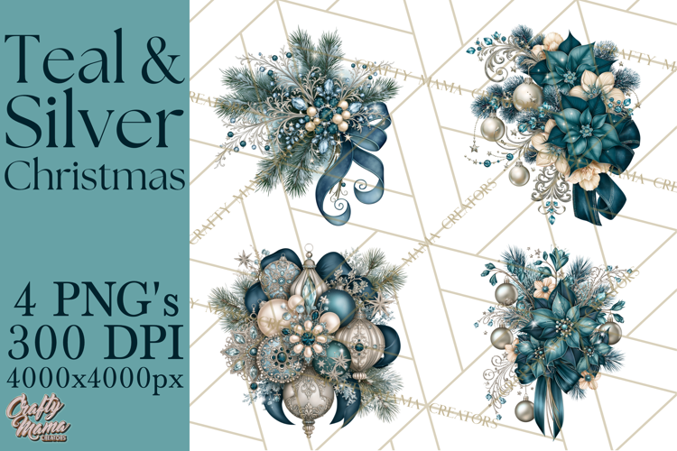 Elegant Christmas Clipart PNG, Winter Teal Silver Christmas