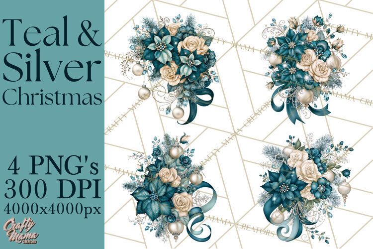 Elegant Christmas Clipart PNG, Winter Teal Silver Christmas example image 1
