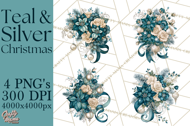 Elegant Christmas Clipart PNG, Winter Teal Silver Christmas