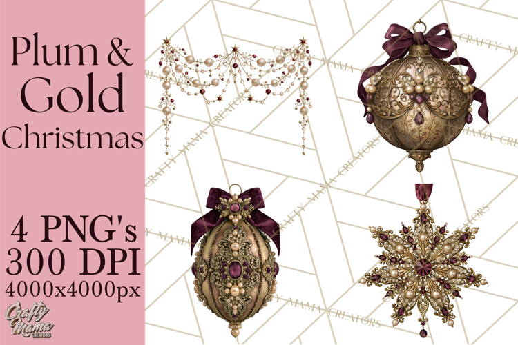 Plum Antique Gold Christmas Clipart PNG