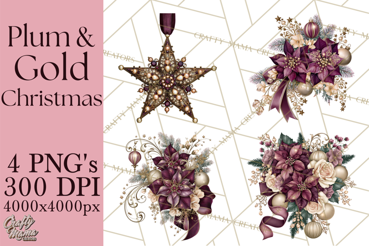 Plum Antique Gold Christmas Clipart PNG