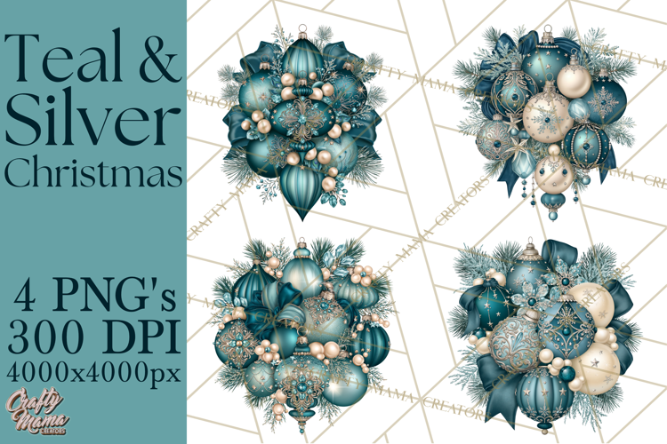 Elegant Christmas Clipart PNG, Winter Teal Silver Christmas