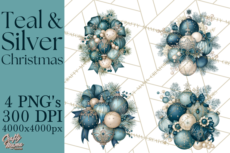 Elegant Christmas Clipart PNG, Winter Teal Silver Christmas