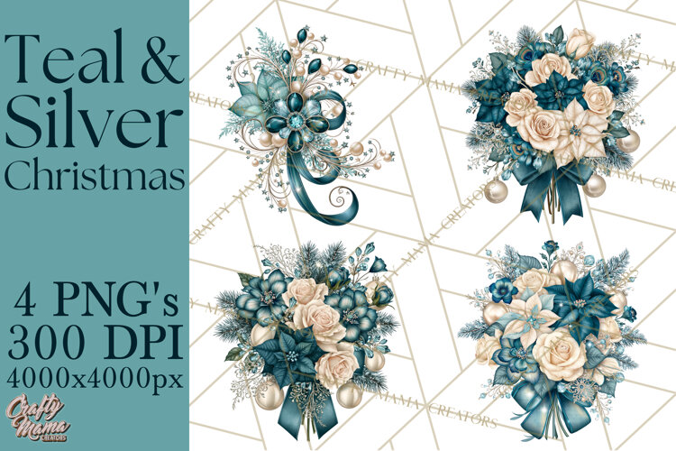 Elegant Christmas Clipart PNG, Winter Teal Silver Christmas example image 1