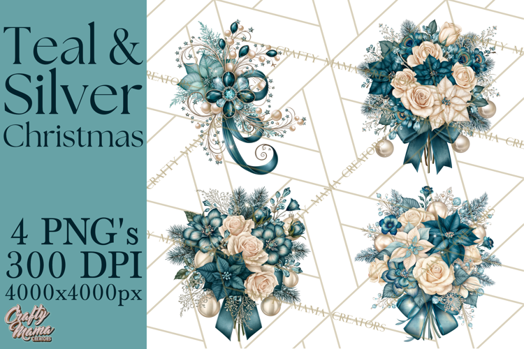 Elegant Christmas Clipart PNG, Winter Teal Silver Christmas