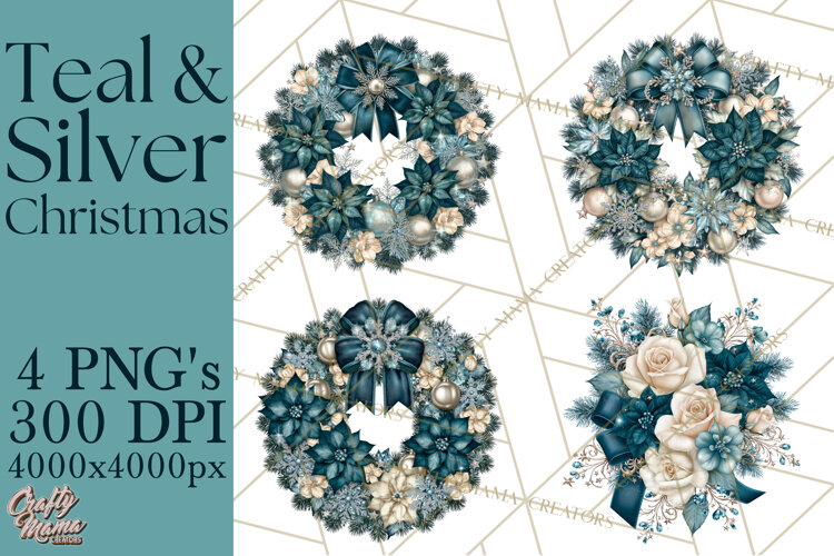 Elegant Christmas Clipart PNG, Winter Teal Silver Christmas example image 1