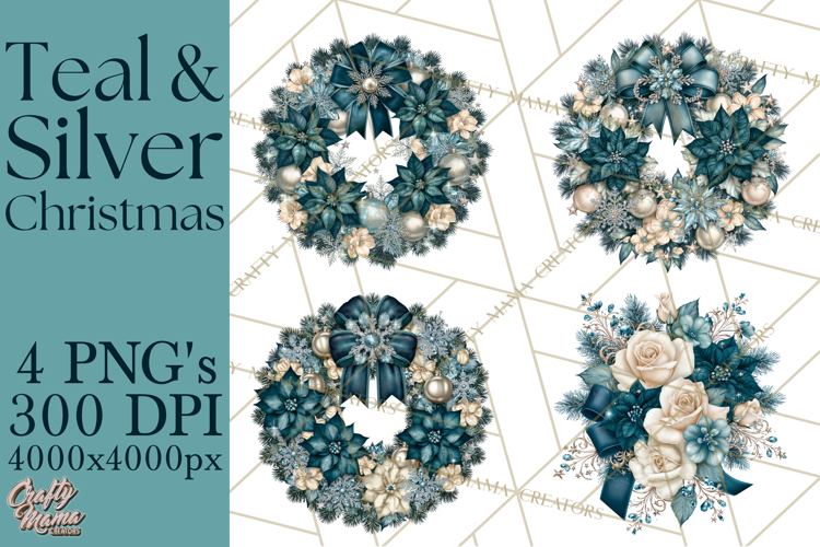 Elegant Christmas Clipart PNG, Winter Teal Silver Christmas