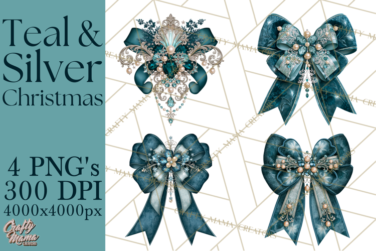Elegant Christmas Clipart PNG, Winter Teal Silver Christmas