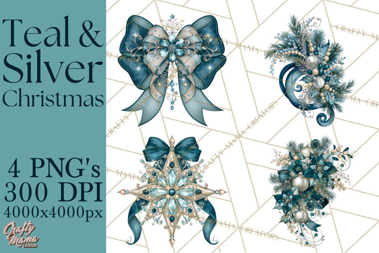 Elegant Christmas Clipart PNG, Winter Teal Silver Christmas example image 1