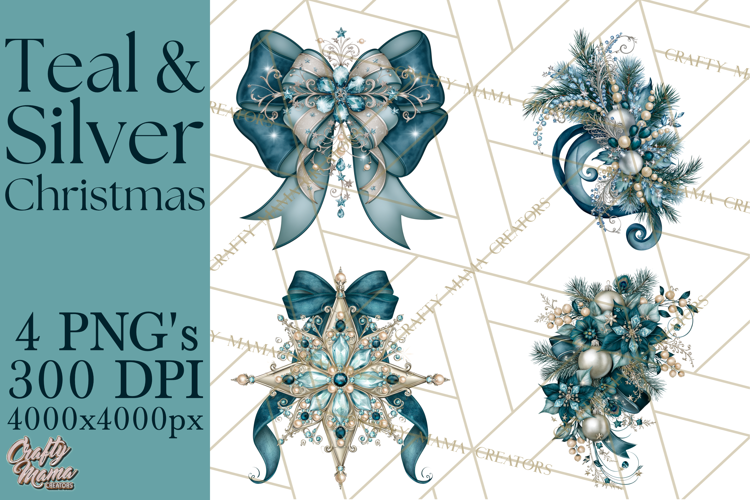 Elegant Christmas Clipart PNG, Winter Teal Silver Christmas