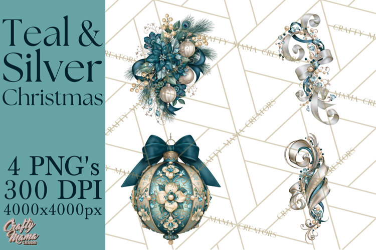 Elegant Christmas Clipart PNG, Winter Teal Silver Christmas example image 1