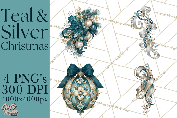 Elegant Christmas Clipart PNG, Winter Teal Silver Christmas