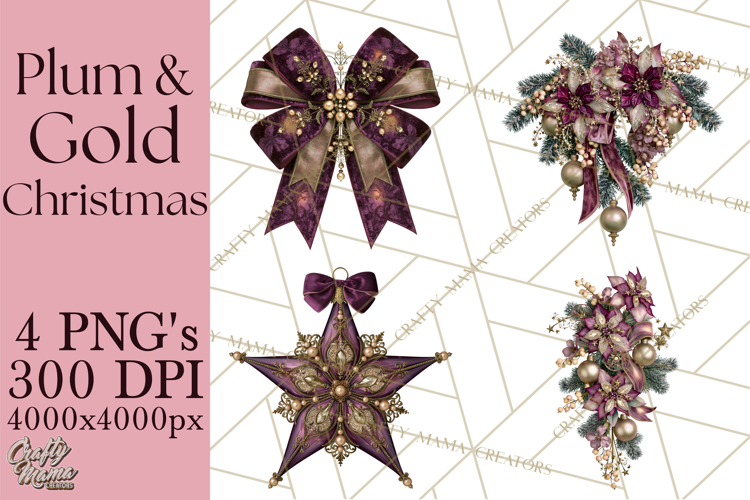 Plum Antique Gold Christmas Clipart PNG
