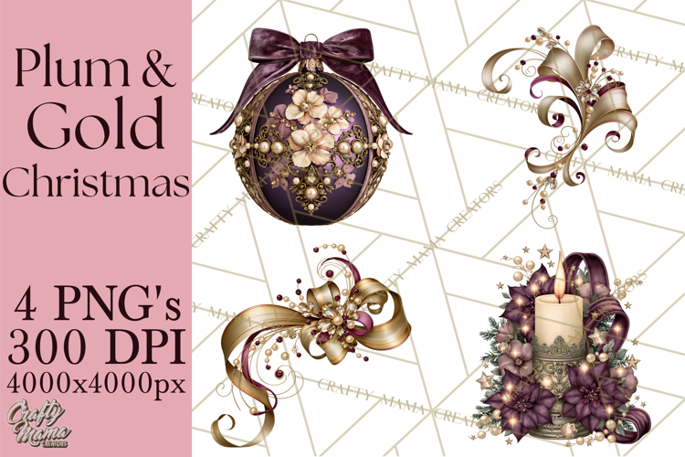 Plum Antique Gold Christmas Clipart PNG