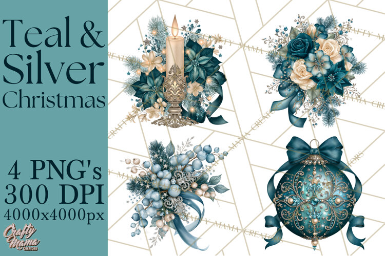 Elegant Christmas Clipart PNG, Winter Teal Silver Christmas example image 1