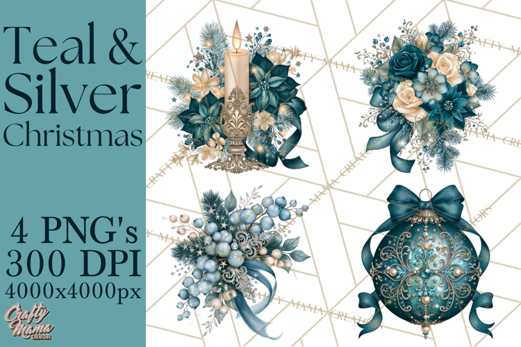 Elegant Christmas Clipart PNG, Winter Teal Silver Christmas