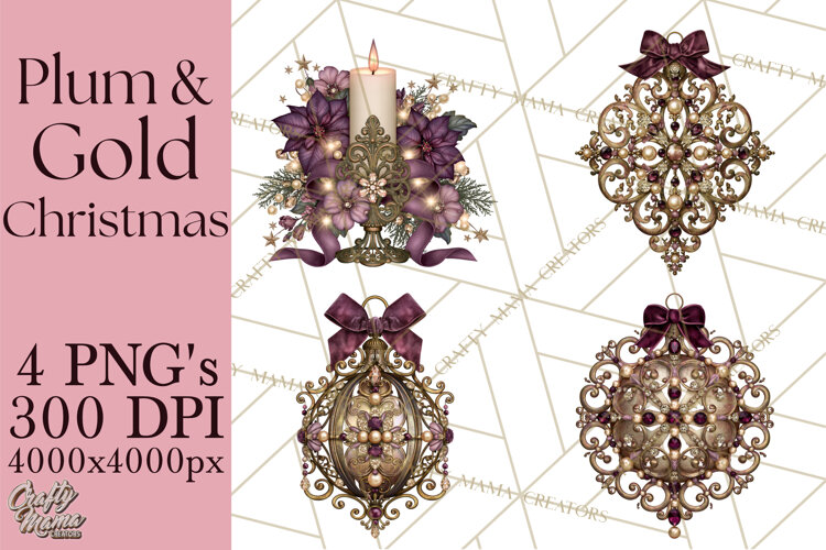 Plum Antique Gold Christmas Clipart PNG example image 1