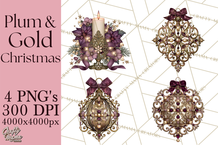 Plum Antique Gold Christmas Clipart PNG