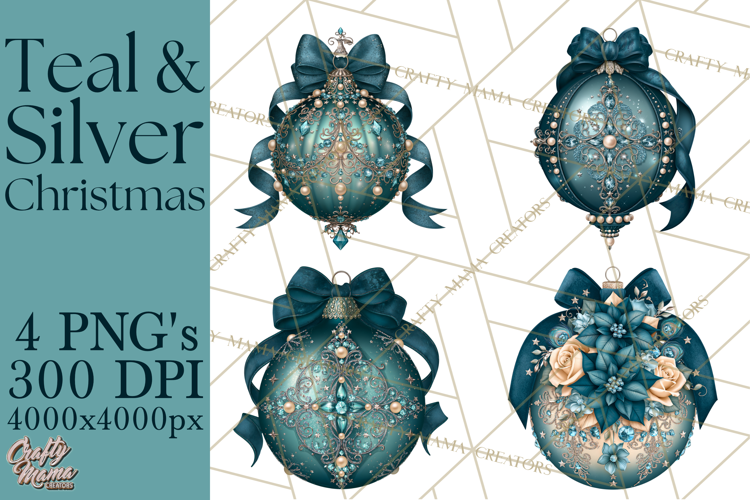 Elegant Christmas Clipart PNG, Winter Teal Silver Christmas