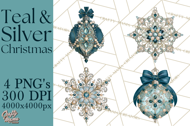 Elegant Christmas Clipart PNG, Winter Teal Silver Christmas