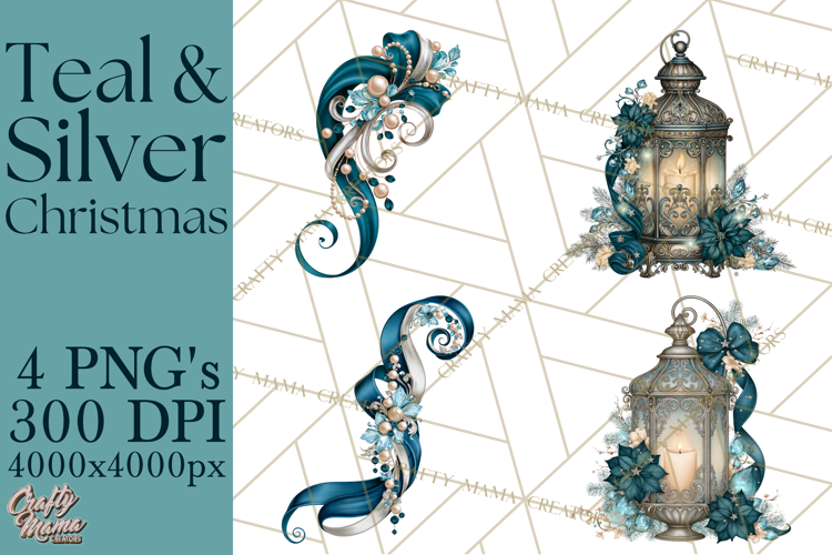 Elegant Christmas Clipart PNG, Winter Teal Silver Christmas