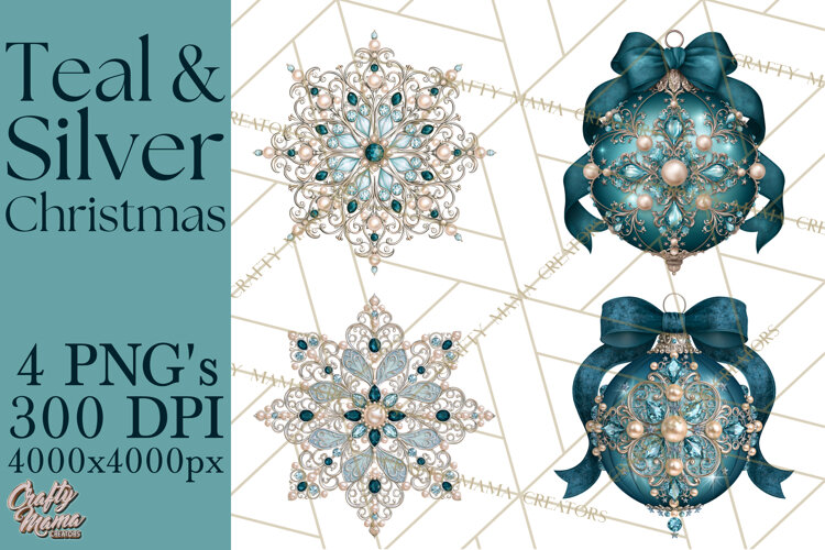 Elegant Christmas Clipart PNG, Winter Teal Silver Christmas example image 1