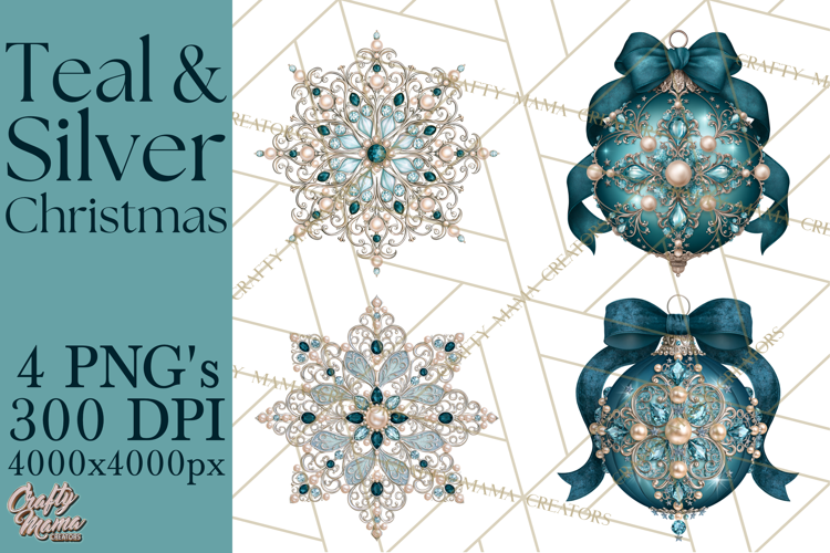 Elegant Christmas Clipart PNG, Winter Teal Silver Christmas