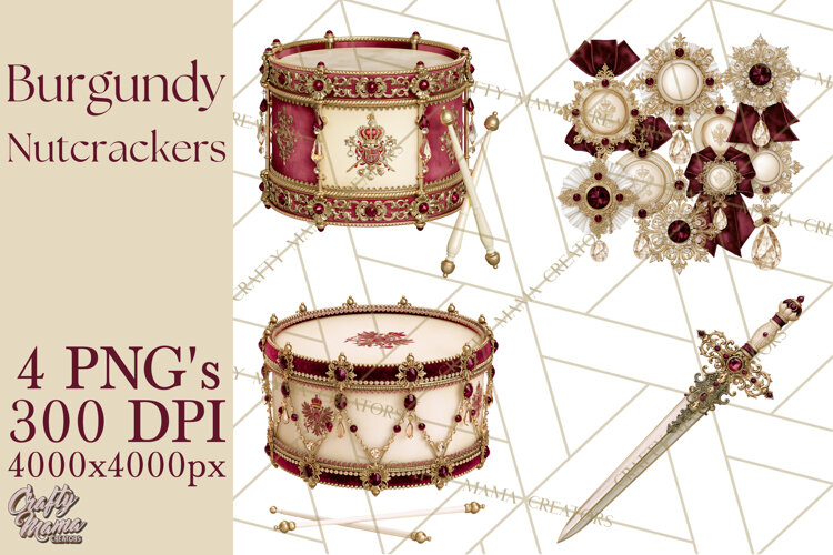 Burgundy Antique Gold Nutcracker Clipart PNG, Christmas example image 1