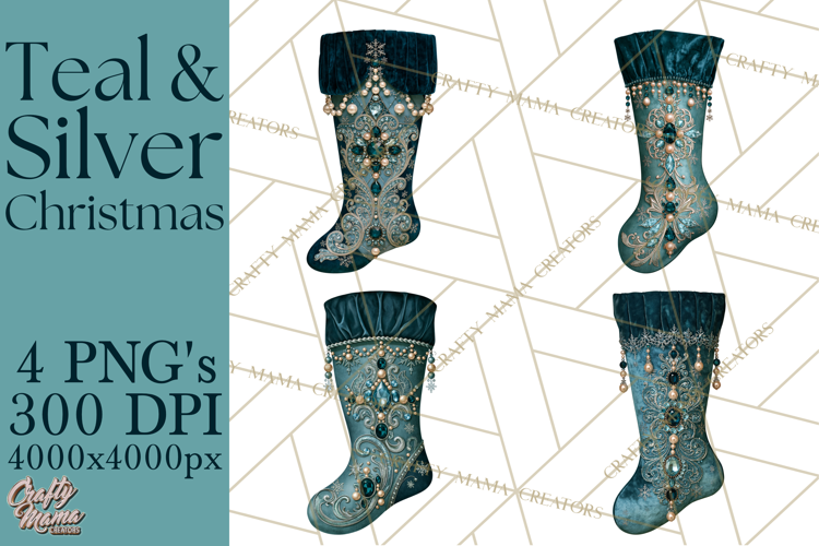 Elegant Christmas Clipart PNG, Winter Teal Silver Christmas