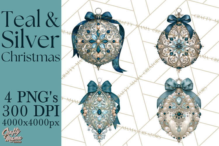 Elegant Christmas Clipart PNG, Winter Teal Silver Christmas
