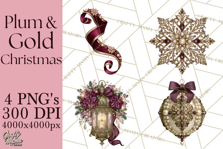 Plum Antique Gold Christmas Clipart PNG example image 1