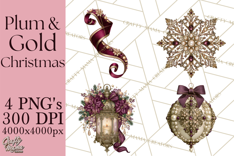 Plum Antique Gold Christmas Clipart PNG