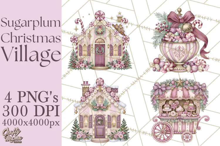 Sugarplum Christmas Village PNG PNG, Pastel Christmas Homes