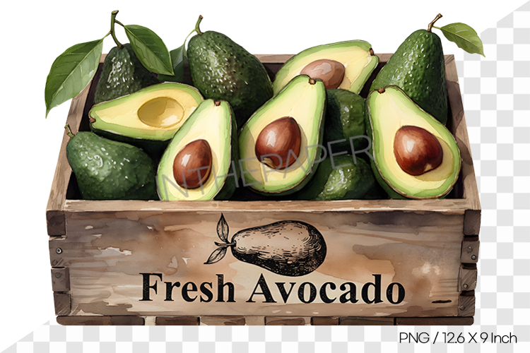 Watercolor illustration of avocados in a wooden box PNG