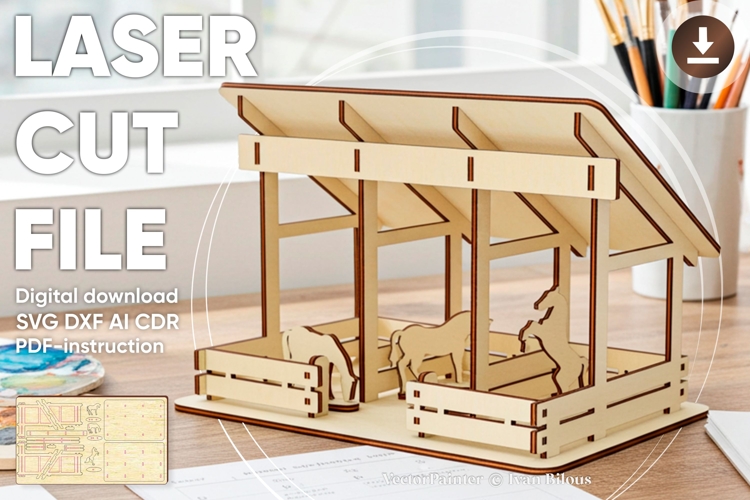 Horse Barn - laser cut file, SVG DXF plan for laser machine
