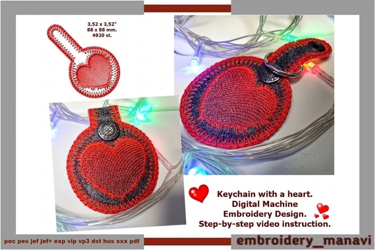 In the hoop Embroidery Keychain with heart. Gift to remember