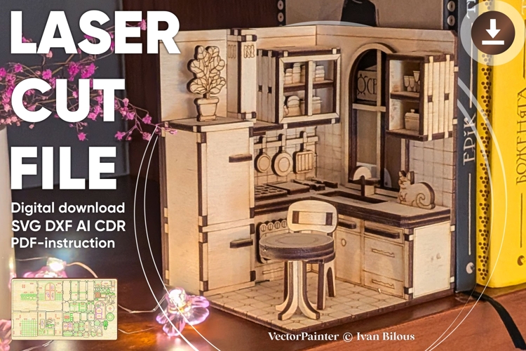 Book Nook Kitchen Laser Cut File, DIY Diorama SVG Project