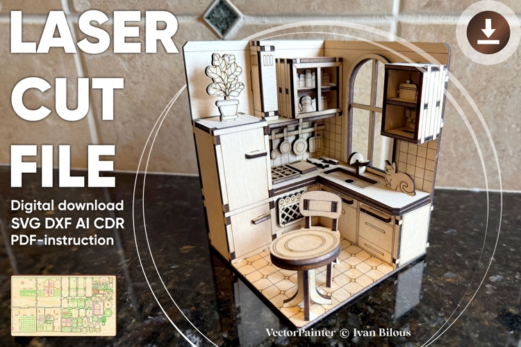 Book Nook Kitchen Laser Cut File, DIY Diorama SVG Project