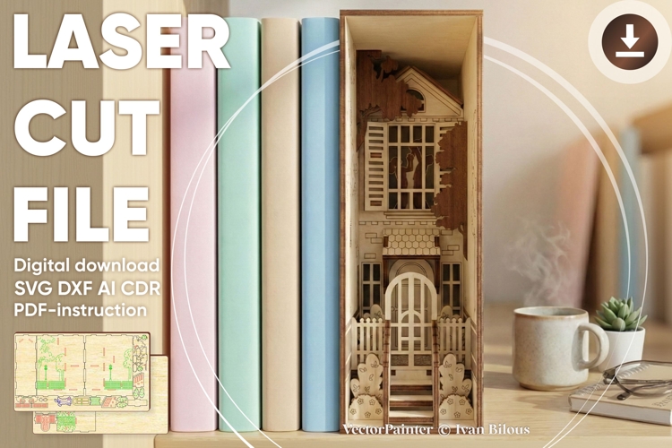 Book nook House - laser cut file, Glowforge pattern