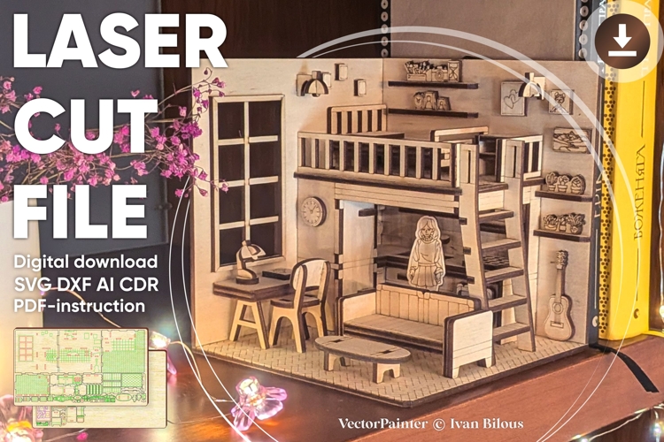 Dollhouse Room Book Nook Laser Cut File, DIY Diorama Project