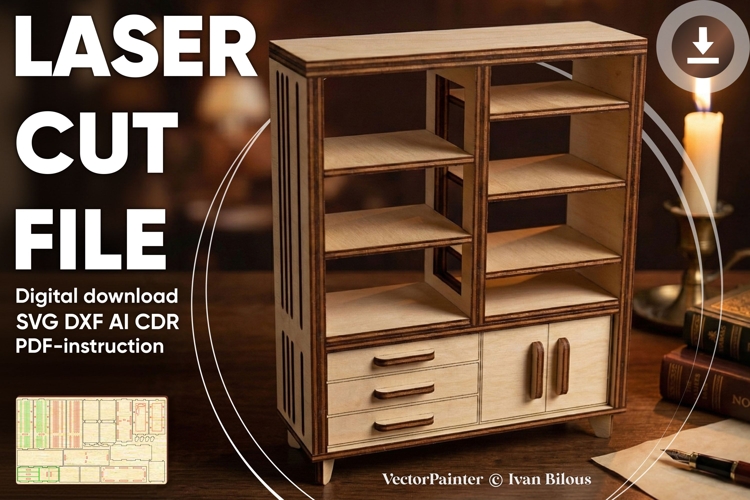 Bookcase cabinet dollhouse furniture - laser cut file SVG example image 1