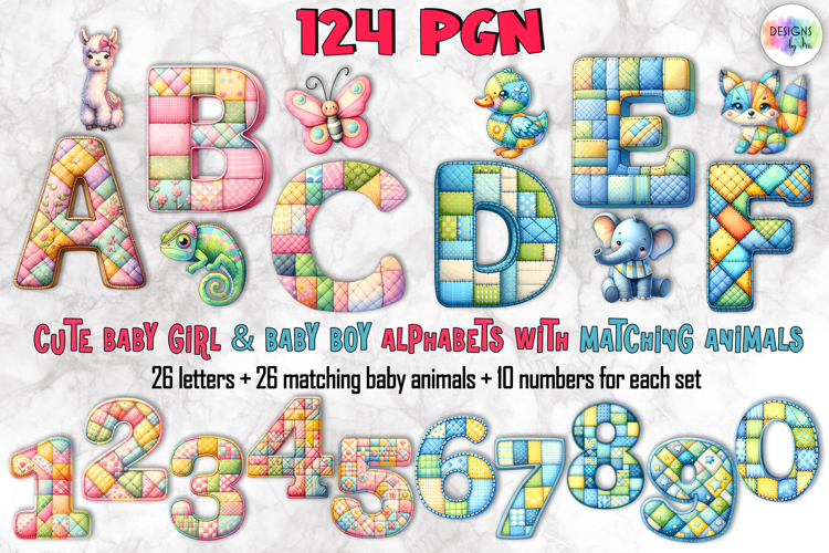 Cute Patchwork Baby Alphabet and Numbers, Baby Animals PNG