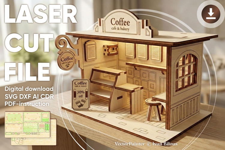 Coffee shop - laser cut file, Cafe Dollhouse, Glowforge svg example image 1