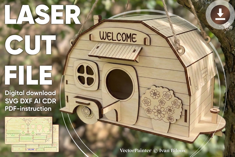 Camper Birdhouse - laser cut file, Glowforge pattern